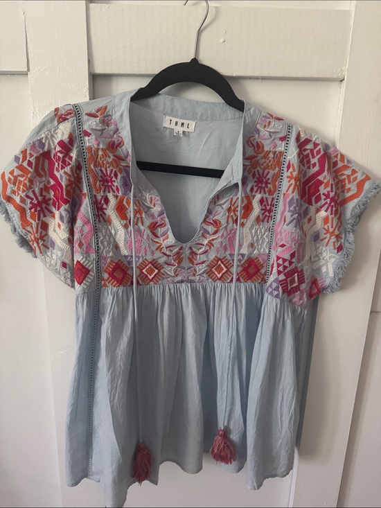 THML Tops - THML Light Blue Embroidered Boho Top with Pink & Orange Accents